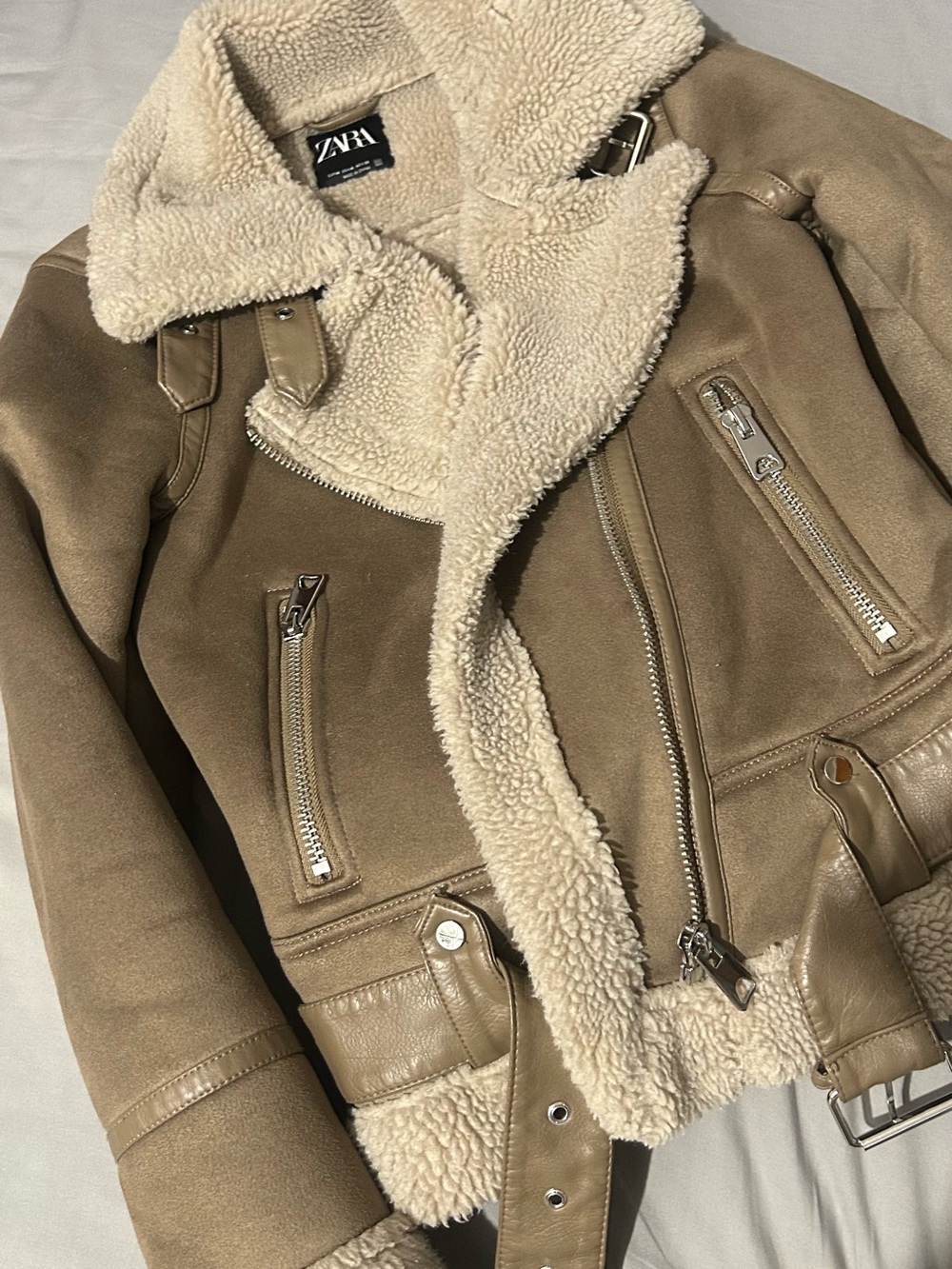 ZARA Taupe Suede Shearling Biker Jacket with Cream Trim